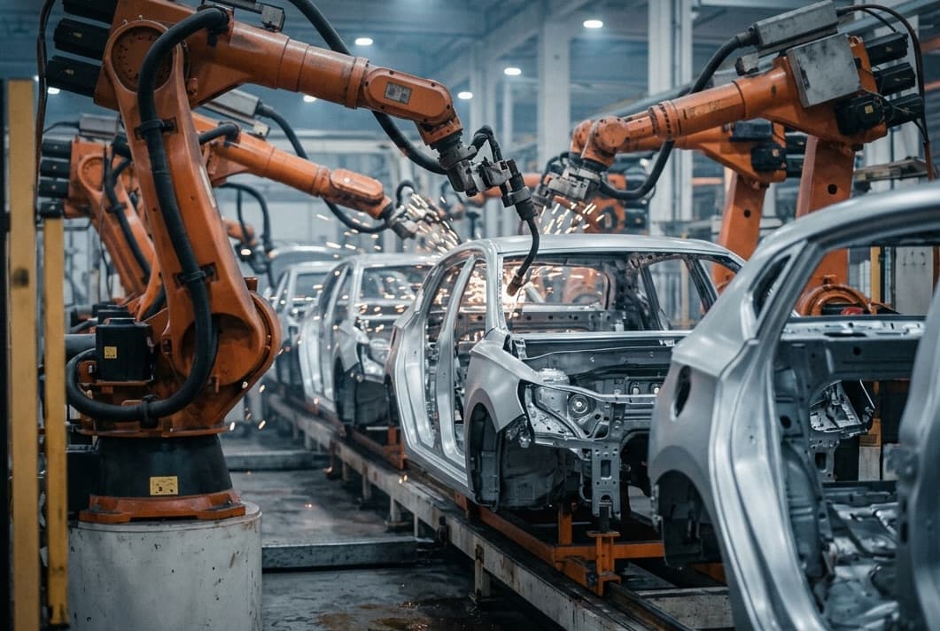Robotic welding arms on an automotive production line