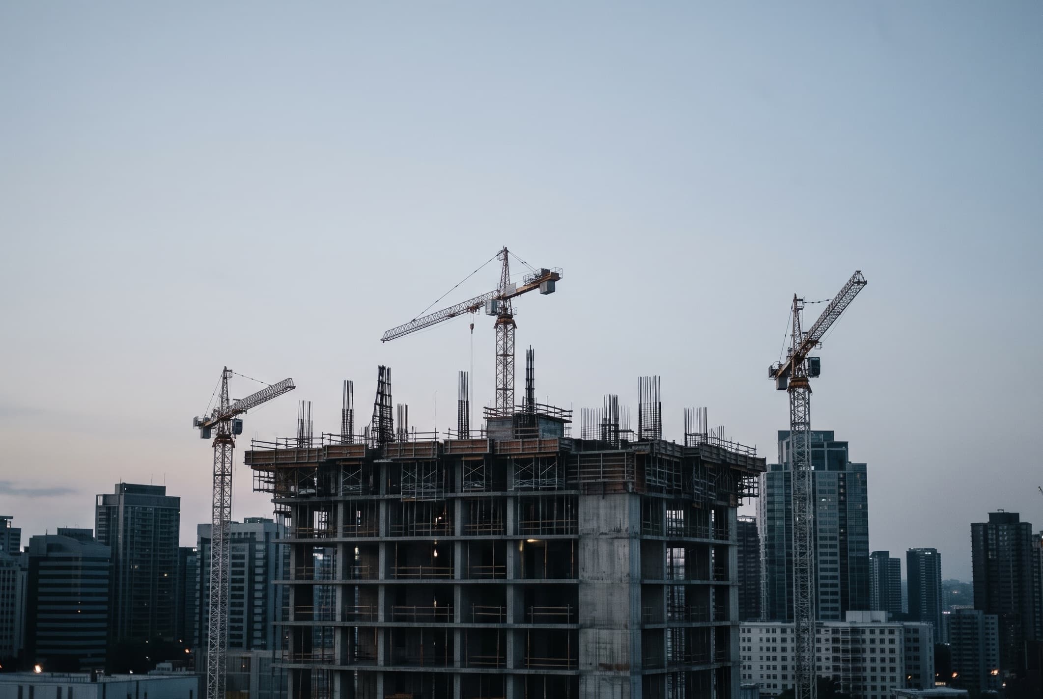 Tower cranes over a large construction site at dusk