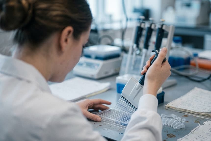 Laboratory technician using a multichannel pipette at a research bench