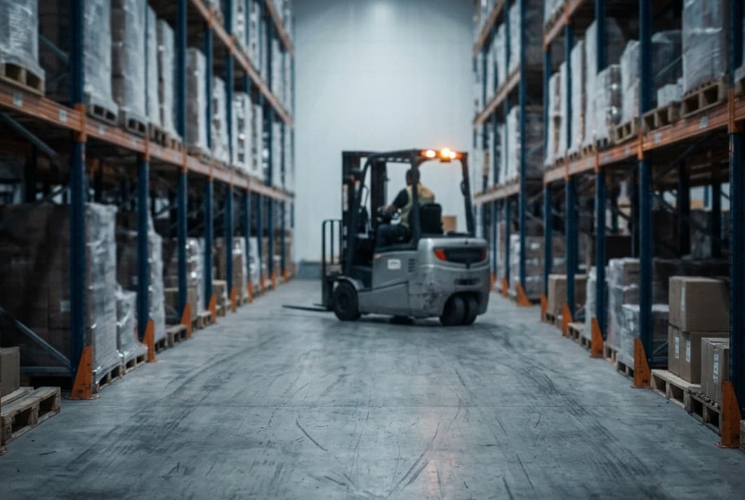 Forklift moving pallets through a warehouse aisle