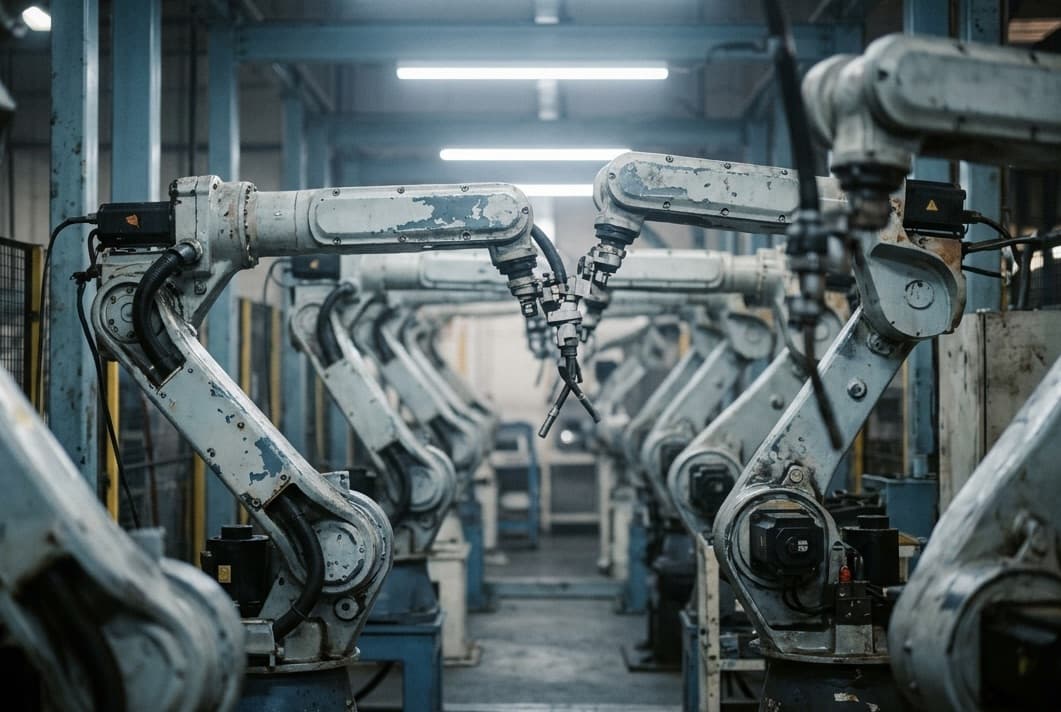 Robotic assembly arms inside a modern industrial plant