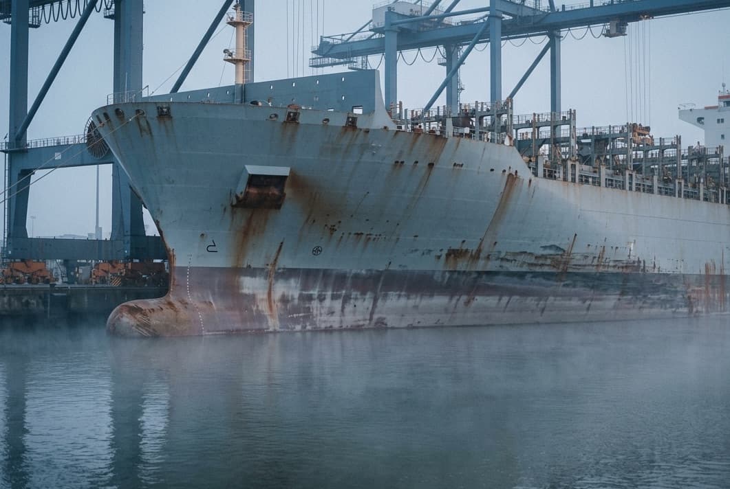 Cargo vessel berthed at a shipyard beneath gantry cranes